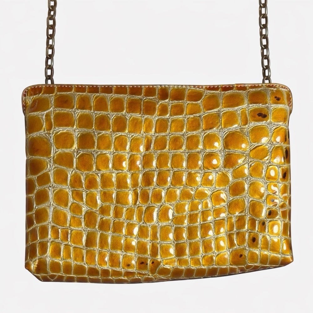 Y2K Sabina New York Croc Embossed‎ Leather Shoulder Bag Amber Gloss Chain Purse
